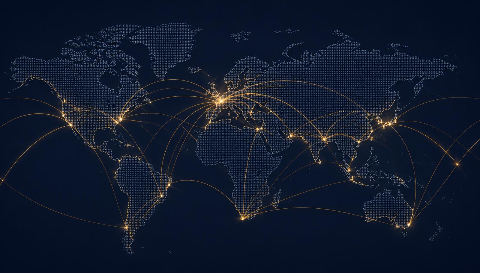 Illustrated world map showing international shipping routes